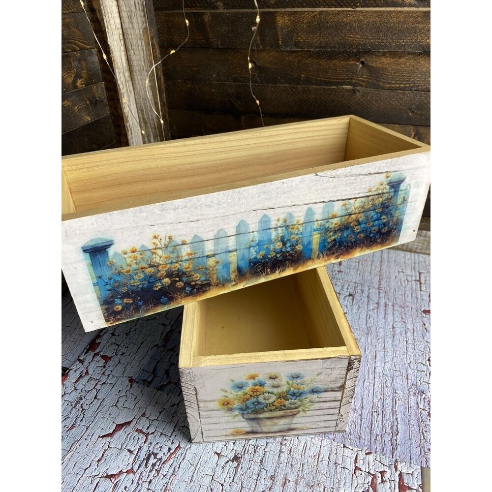 Set Of 2 Country Distressed Farmhouse Rustic Wooden Planter Boxes Floral Decor